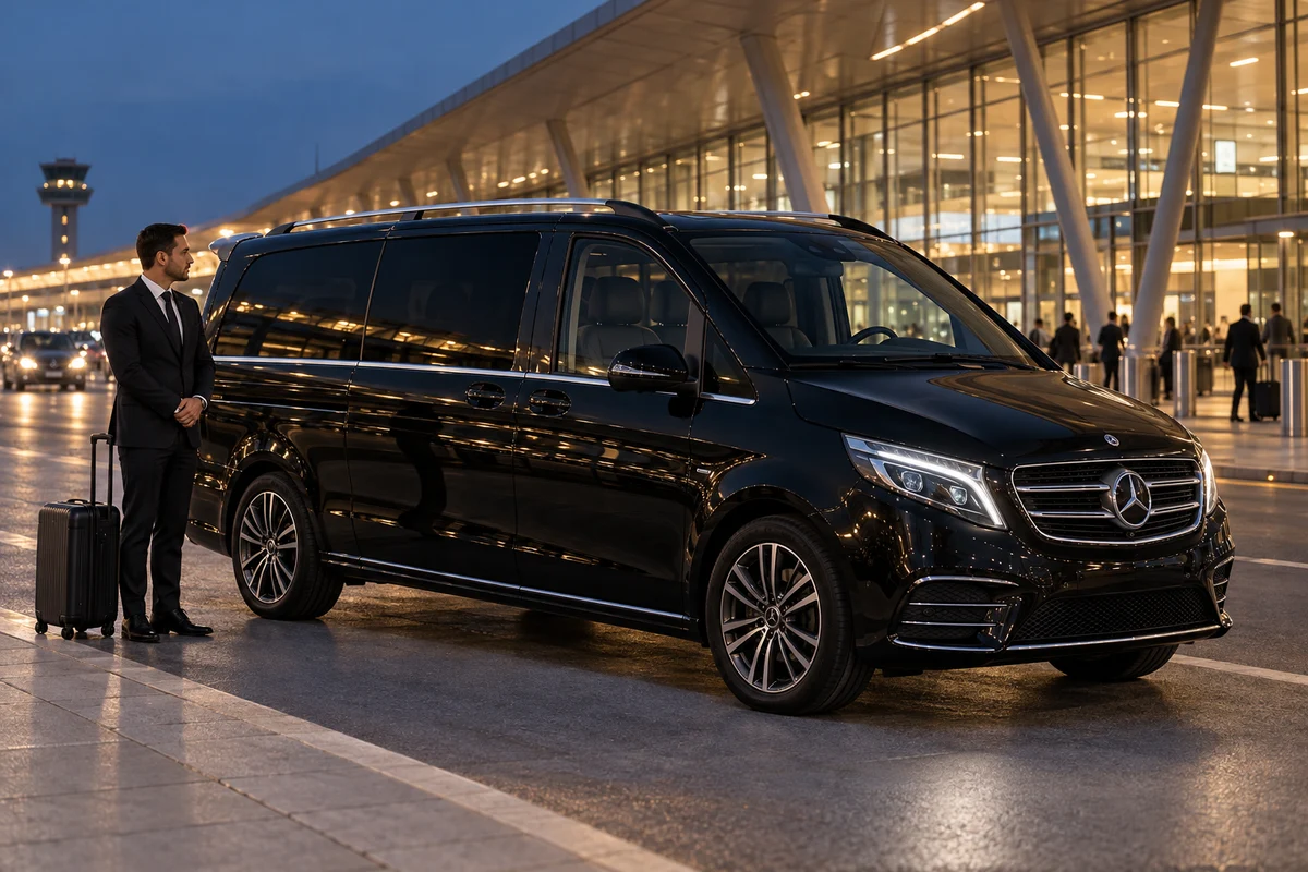 Illustrative scene of a chauffeur and black Mercedes-Benz V-Class at an airport after dusk